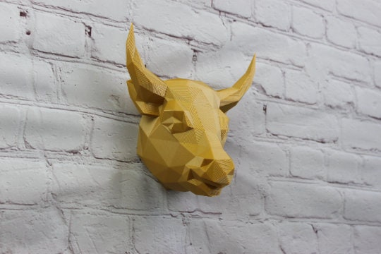 Geometric Bull Head Wall Mount | Faux Taxidermy Farm Animal Decor | 3D Printed Low Poly Bull | Ranch Wall Art