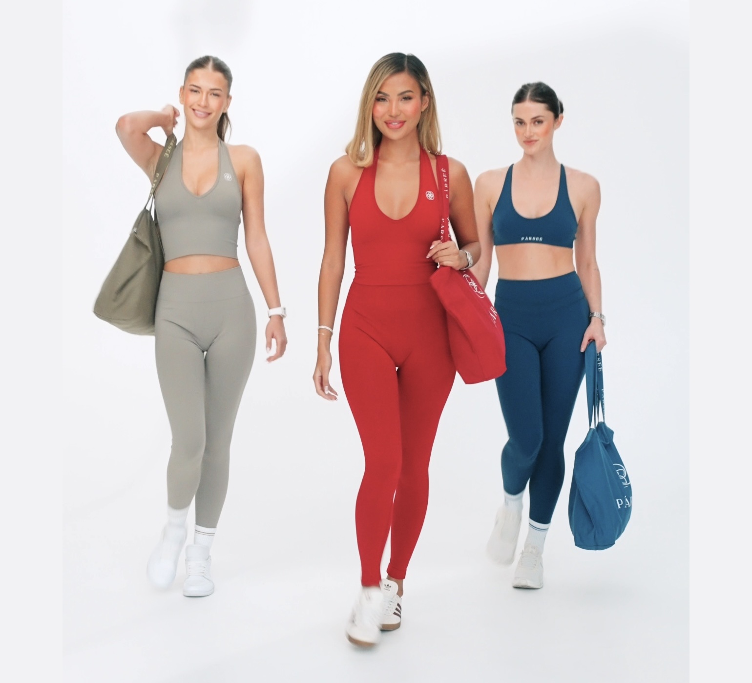 Three models wearing Parsee branded activewear and accessories