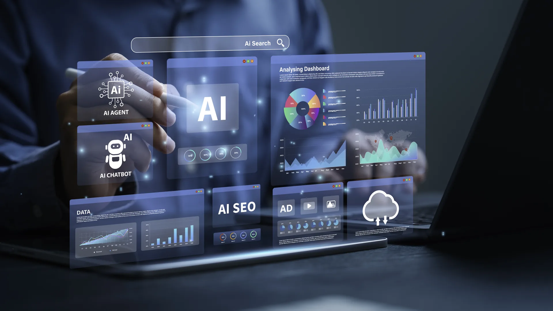 Businessman analyzes data using ai technology to w