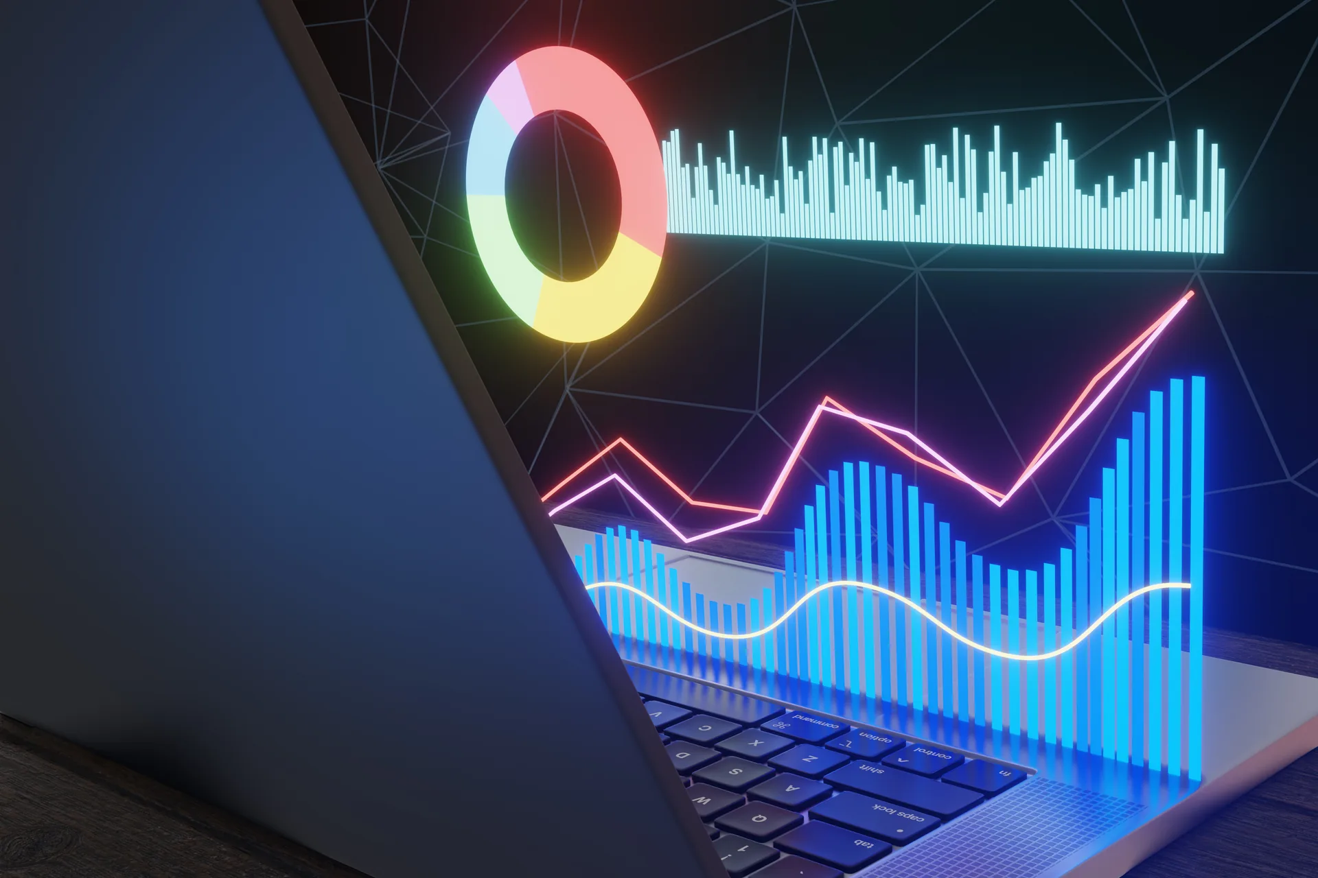 Glowing bar charts pie chart and line graphs in h