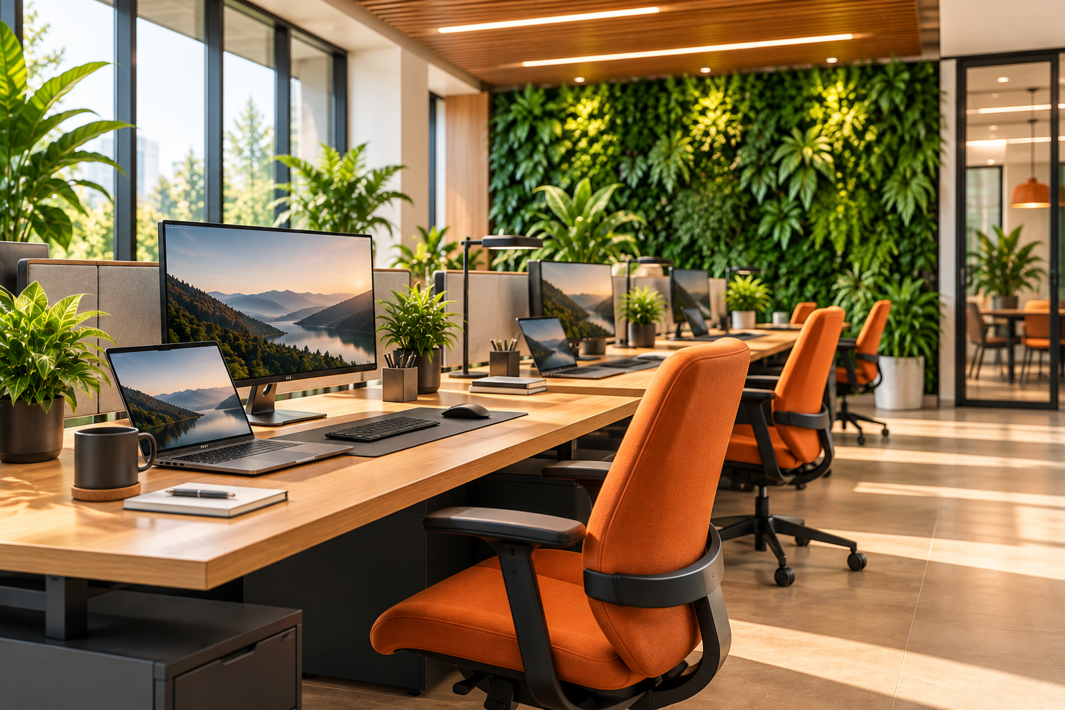 Tidy office desks with new laptops and monitors