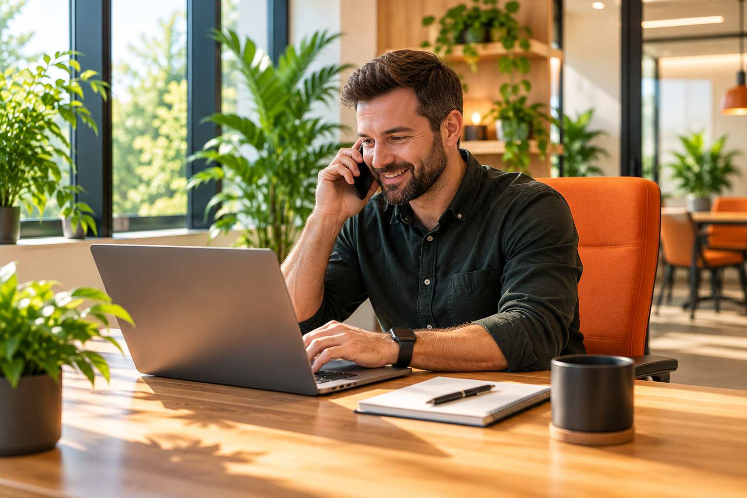 A person on a support call at a laptop in a bright office