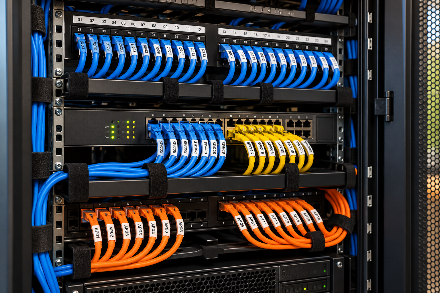 A tidy network cabinet with neatly labelled cabling
