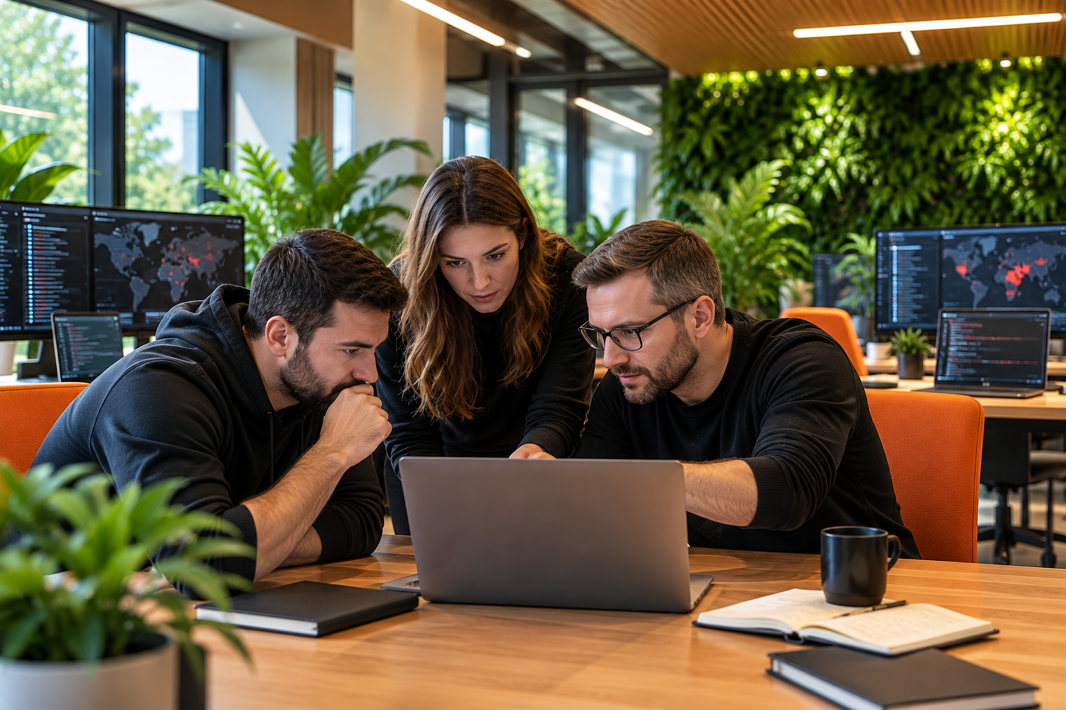 A small team working together in a bright office