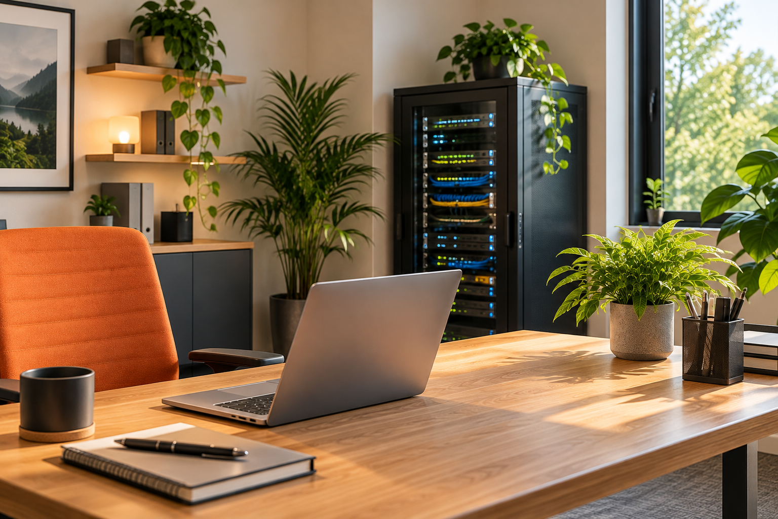 Calm office with a small server cabinet in the background
