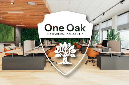 Bright open-plan office with wooden desks, orange chairs and a green living wall