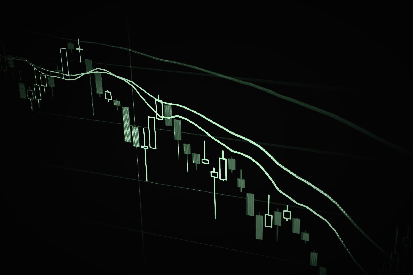 Candlestick price chart on a screen, in dark green tones