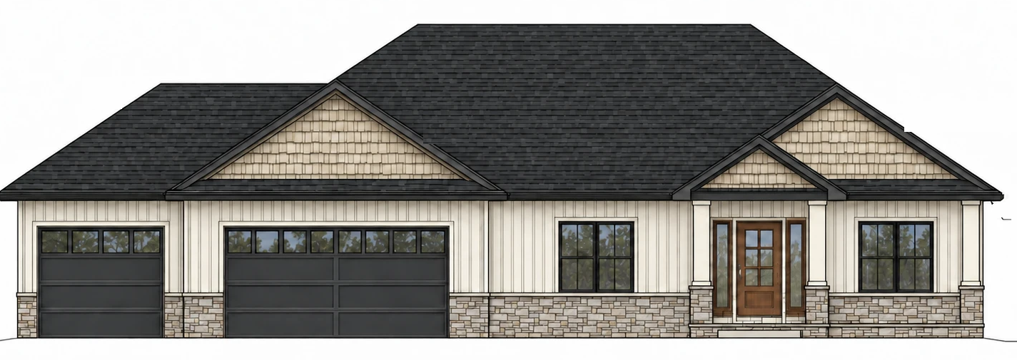 Front elevation rendering of the Tara Hill house: dark roof, cream board and batten siding, stone base, three car garage