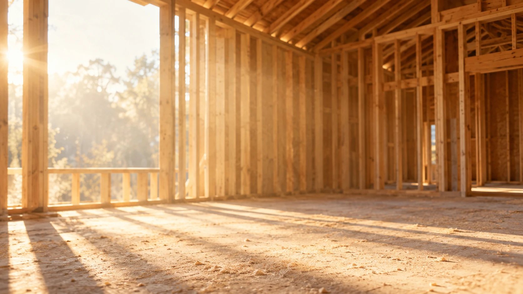 Sunlight through the framing of a house with a covered porch