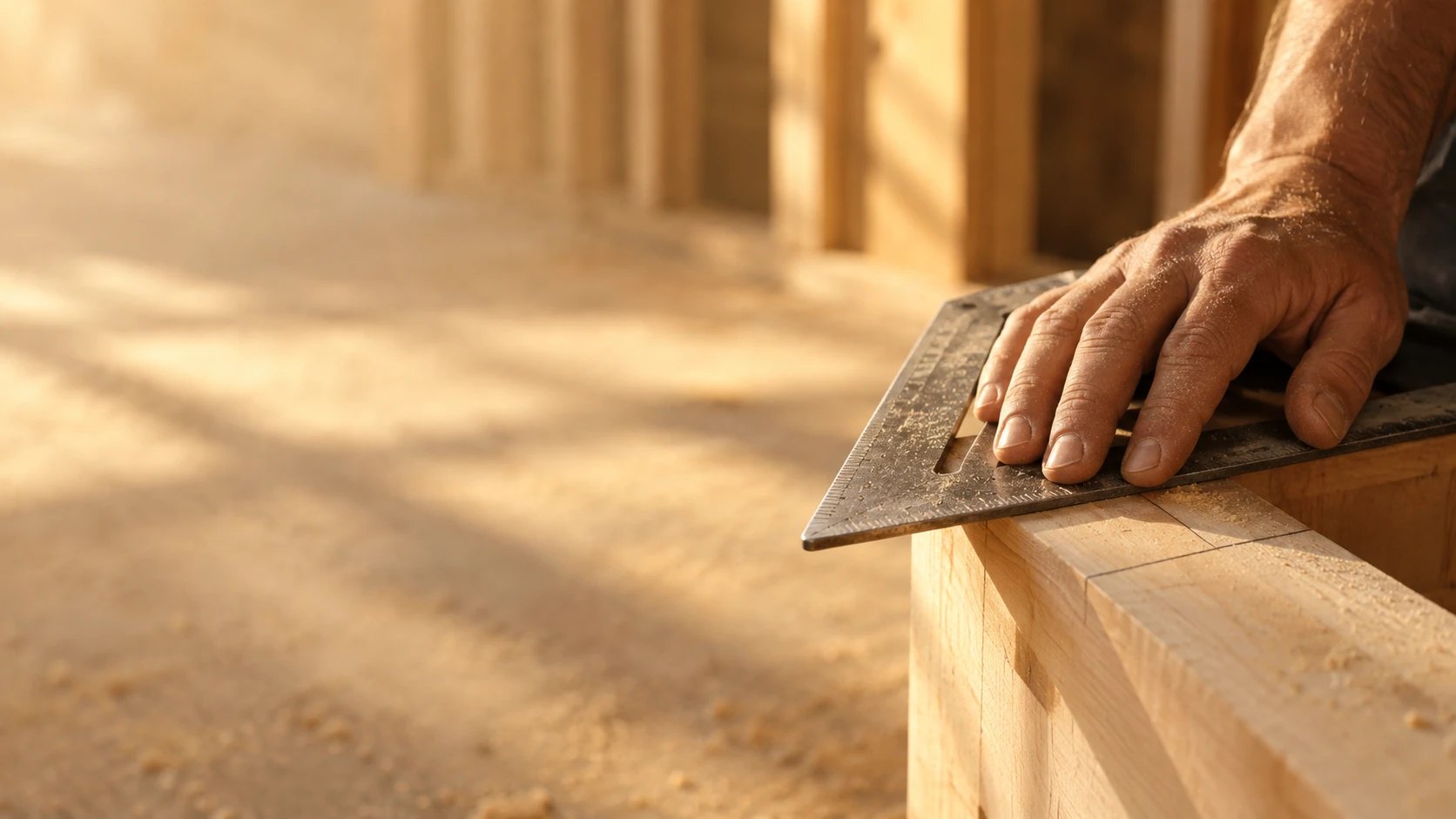 A hand holding a carpenter's square against fresh lumber