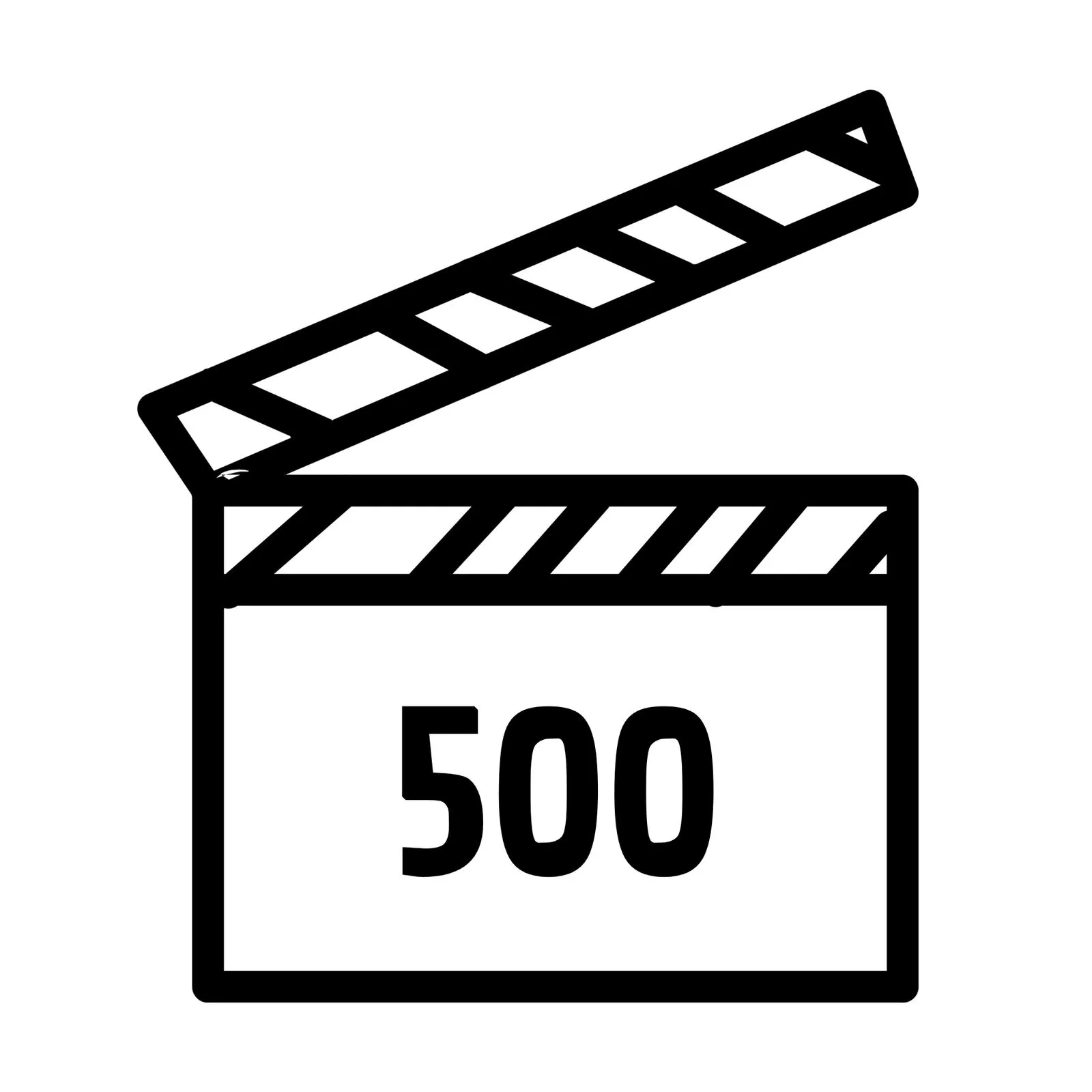 Illustration d'un clap de cinéma avec l'inscription '500', symbolisant plus de 500 vidéos réalisées par DUNE Video, une agence de production vidéo professionnelle basée dans les Landes et le Pays Basque.