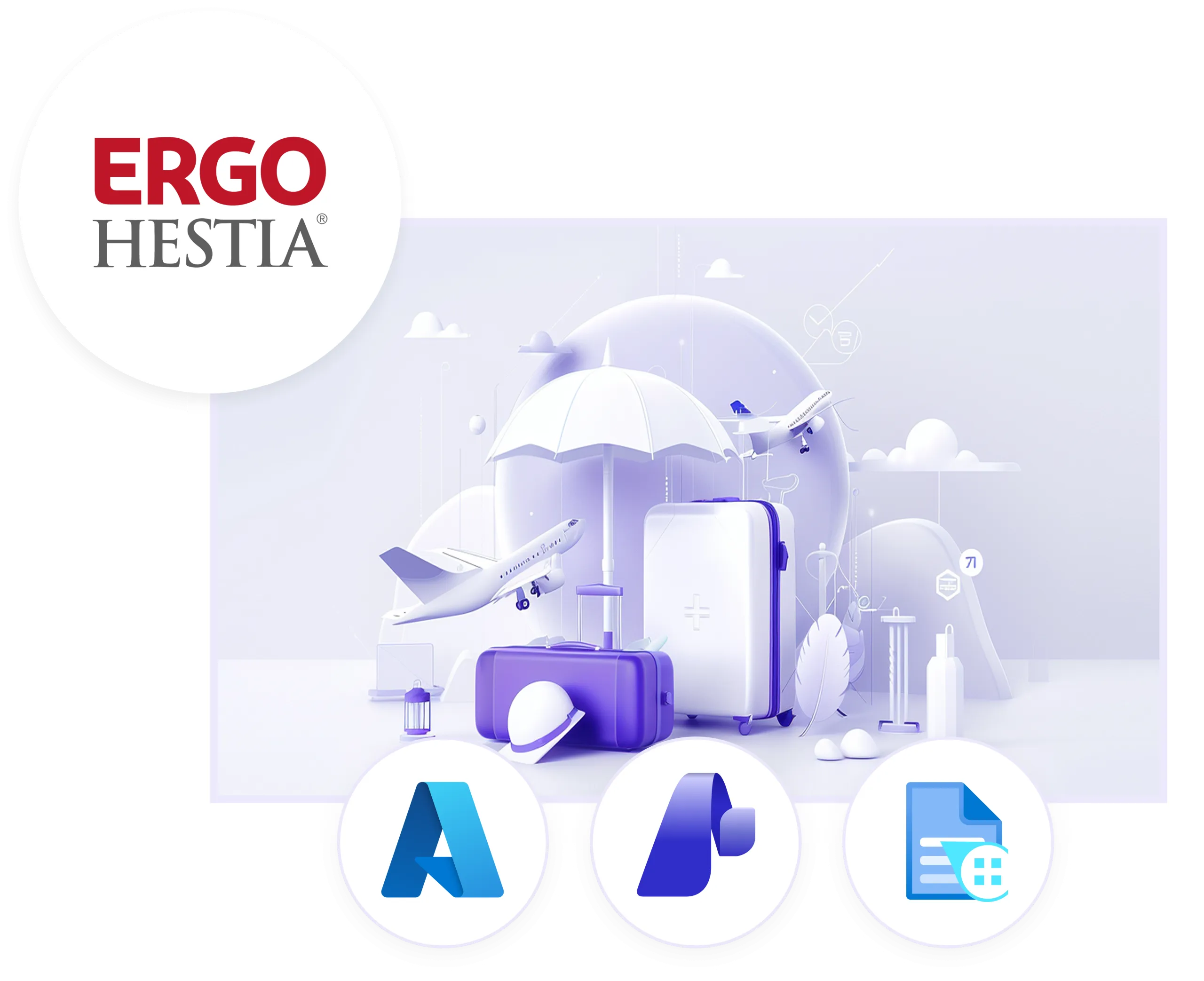 ERGO Hestia logo over an illustration of an AI assistant architecture on Microsoft Azure