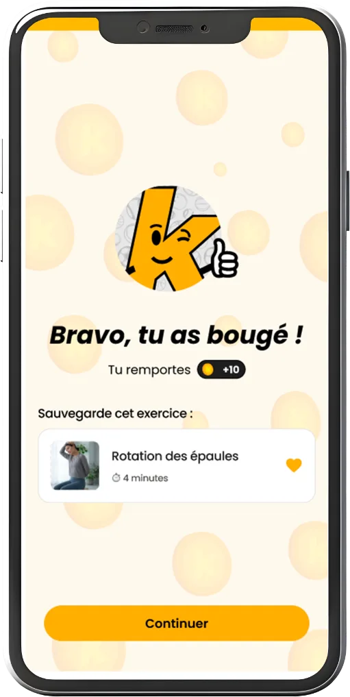 Écran de récompense : Bravo, tu as bougé, +10 pièces