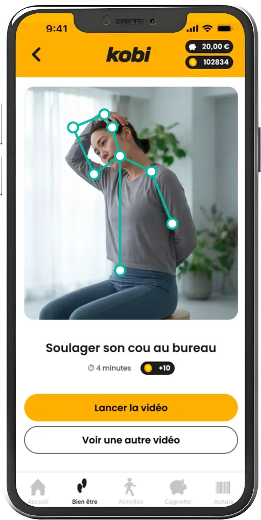 Exercice guidé « Soulager son cou au bureau » avec points de suivi de posture sur la tête, les épaules et les bras