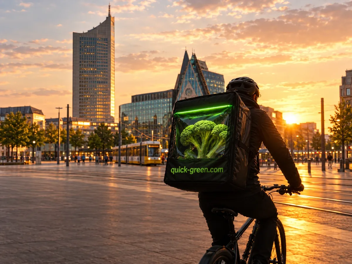 KI-generiertes Bild: Fahrradkurier mit Quick-Green-Lieferbox auf dem Augustusplatz in Leipzig vor City-Hochhaus und Paulinum im Abendlicht