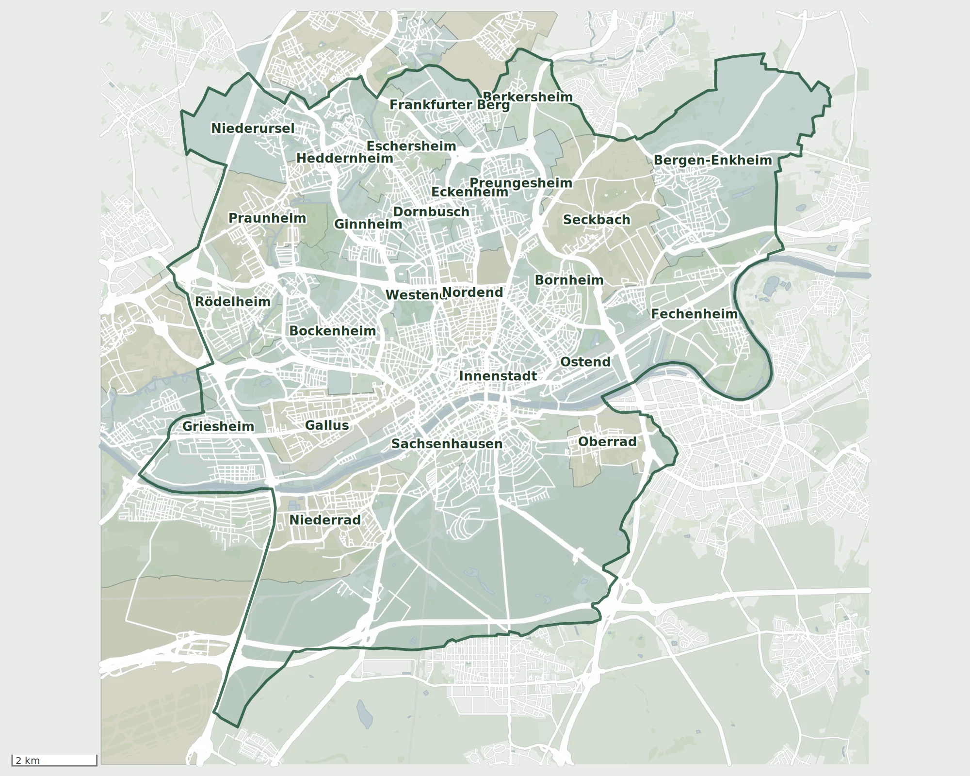 Karte von Frankfurt am Main mit Stadtteilen und Straßen. Das Kurier-Liefergebiet ist grün umrandet und umfasst unter anderem Innenstadt, Bornheim, Bockenheim, Sachsenhausen, Gallus und Niederrad.