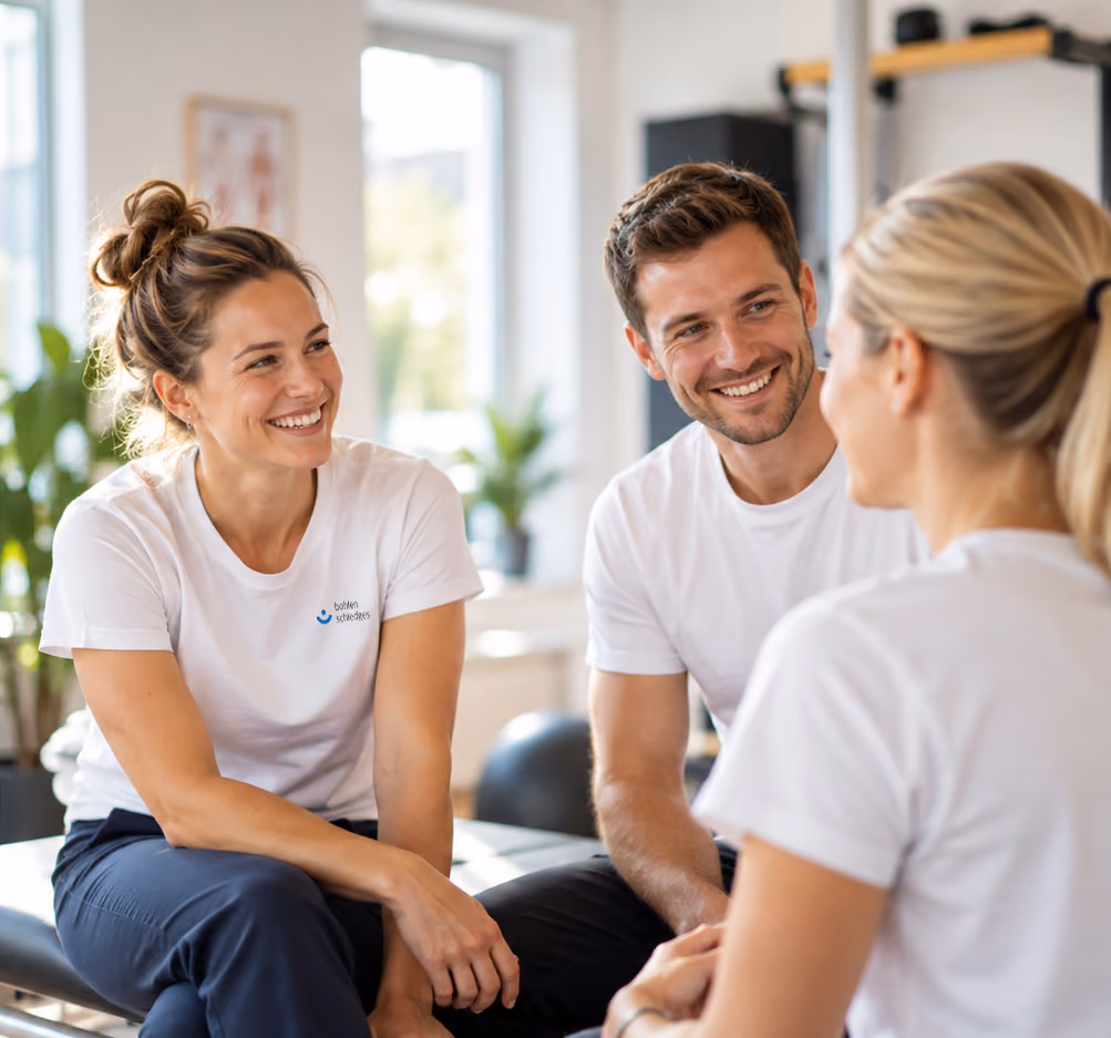 Drei Physiotherapeutinnen und Physiotherapeuten im Gespräch