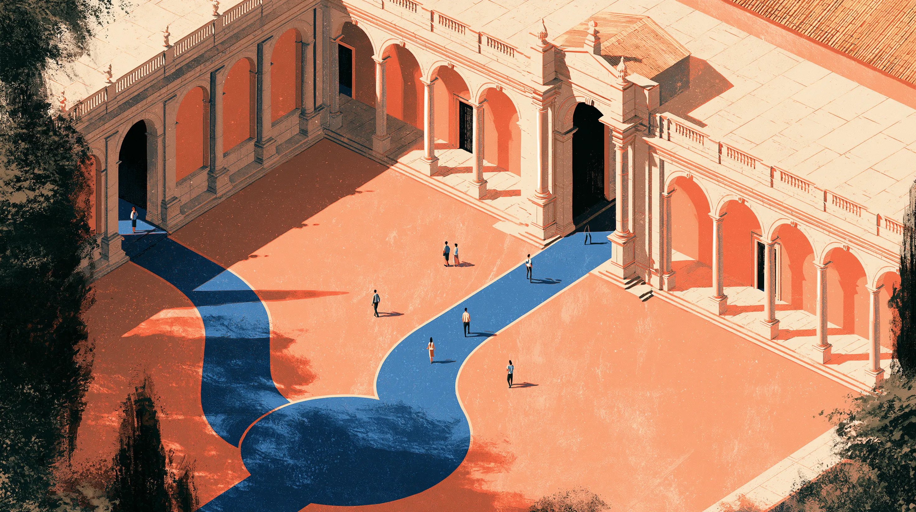 Illustrated courtyard with branching blue paths passing through terracotta arcades.