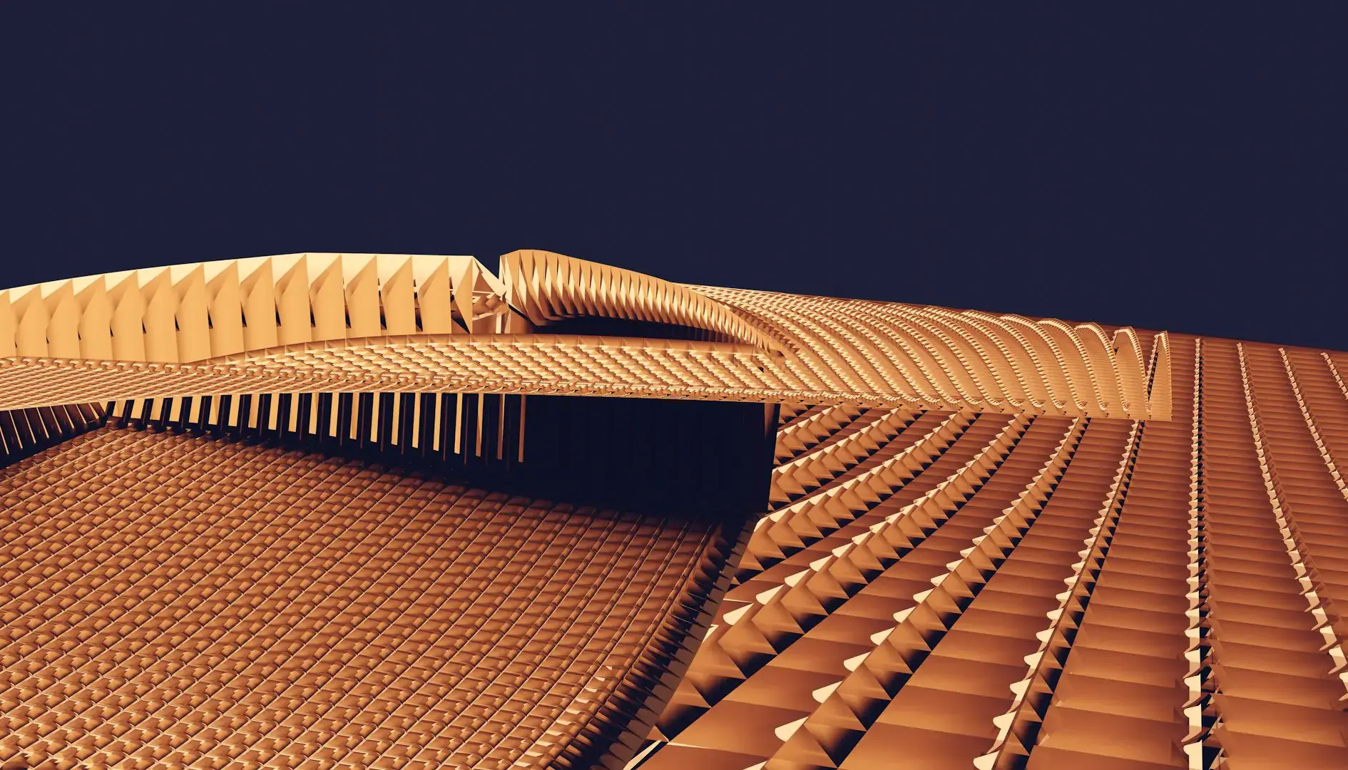 Golden sculptural roof with repeating geometric ribs against a dark blue sky.