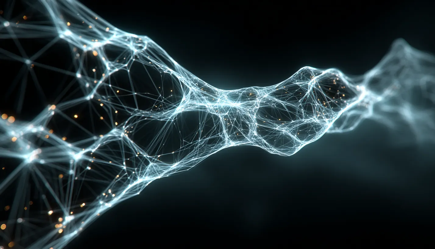 A flowing white network of connected points against a black background.