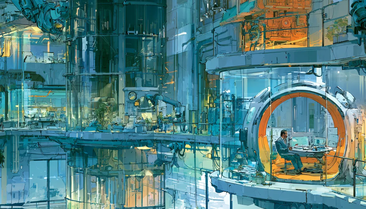 Layered blue and green buildings with an orange circular workspace.