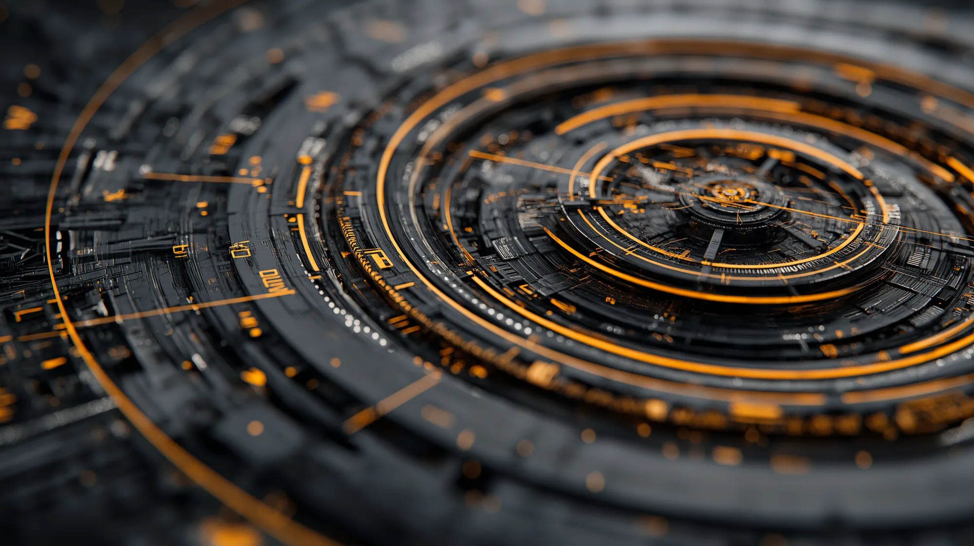 Abstract mechanical compass made of concentric rings with orange details.