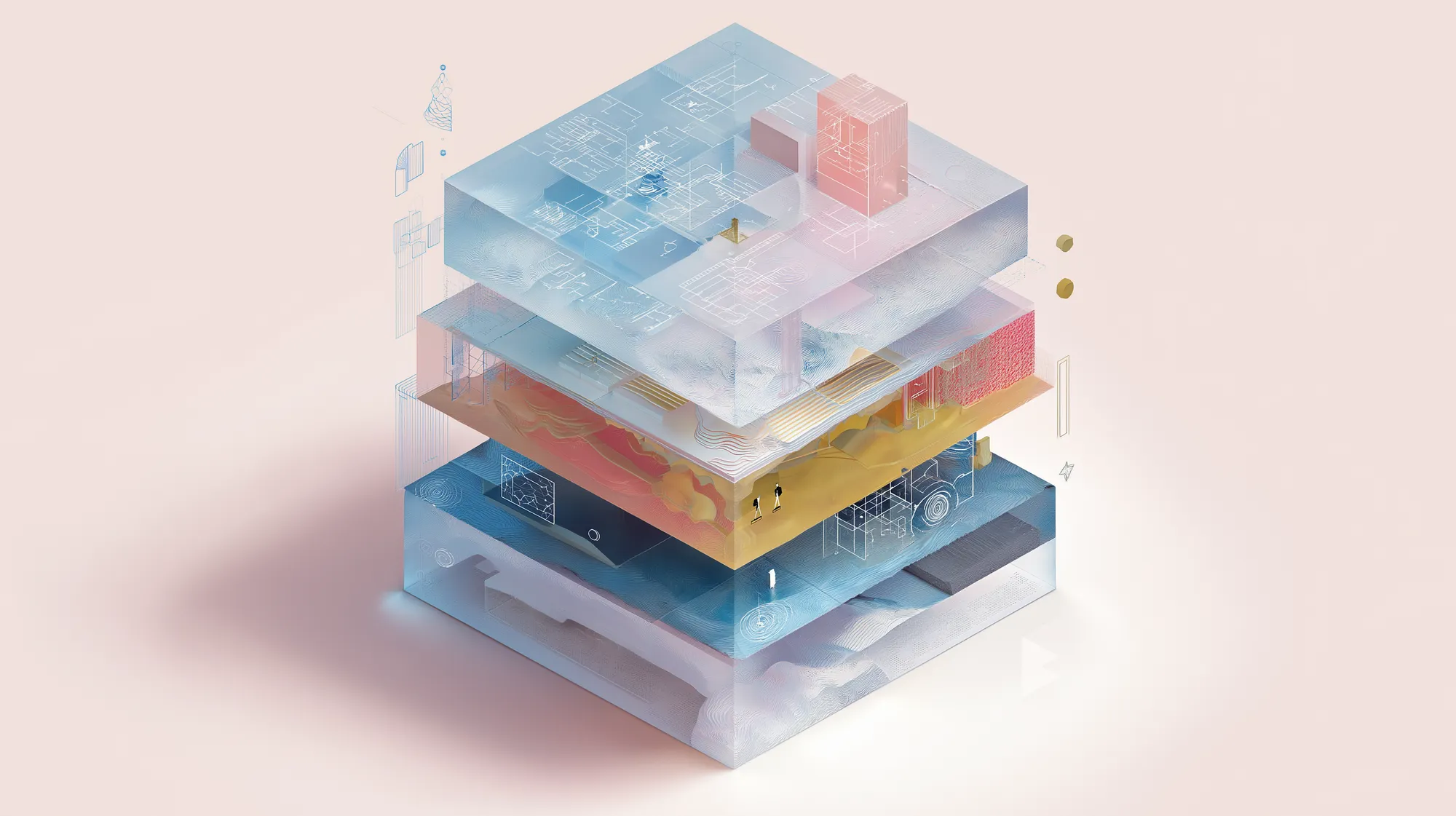 Stacked translucent architectural layers on a pale pink background.