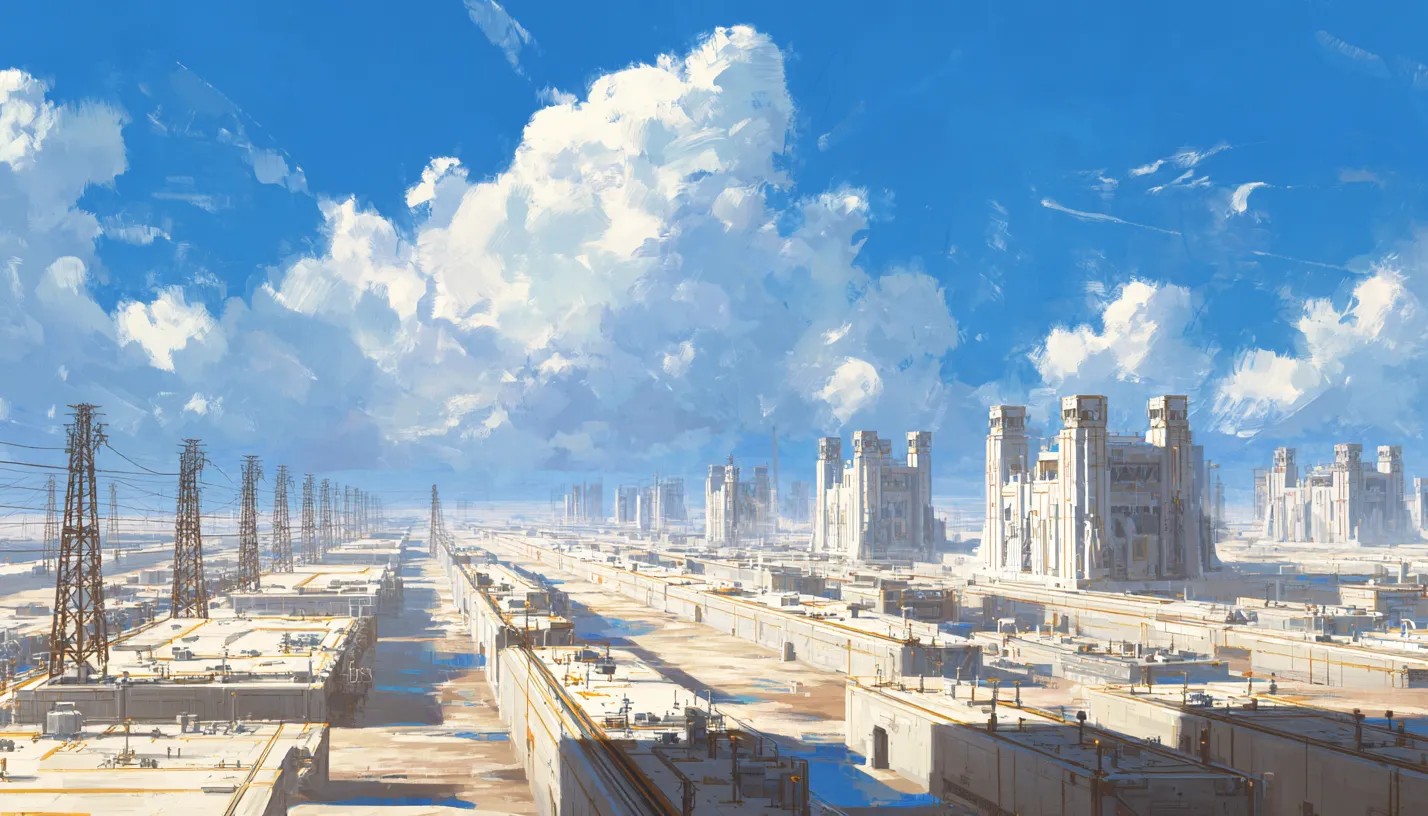 Bright futuristic city and industrial structures beneath a blue sky.