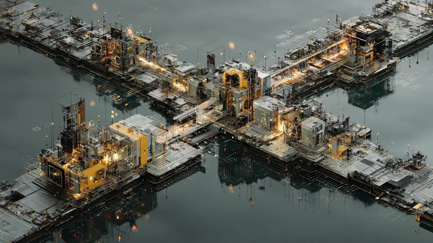 An abstract industrial structure with four intersecting branches over dark water.