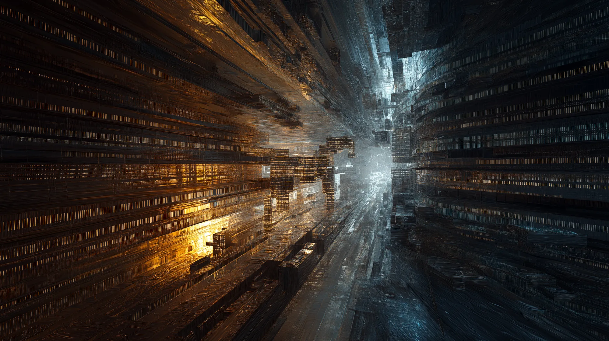 A luminous passage between immense dark architectural structures.