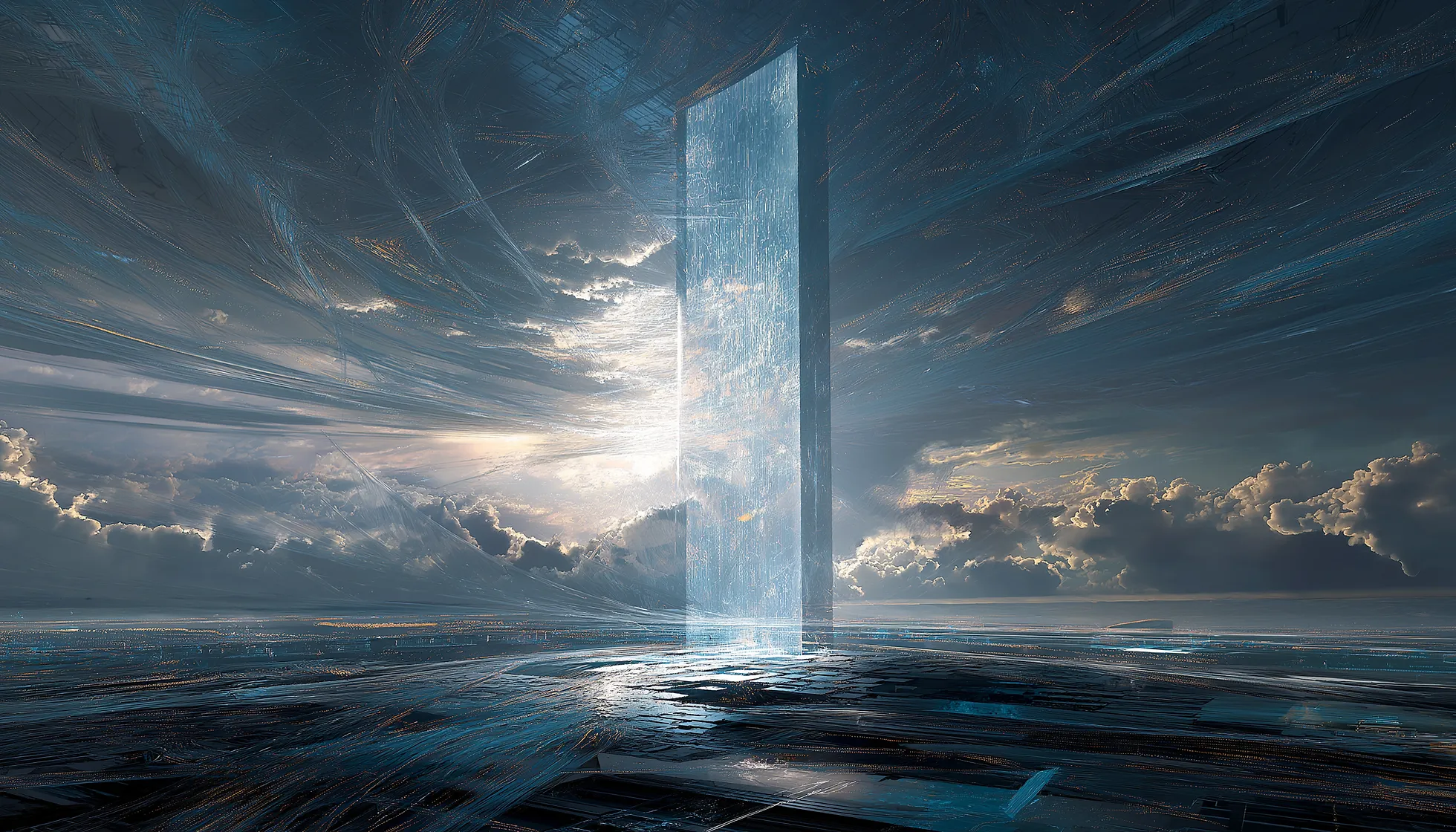 A tall translucent gateway rising from a dark ocean beneath a dramatic sky.