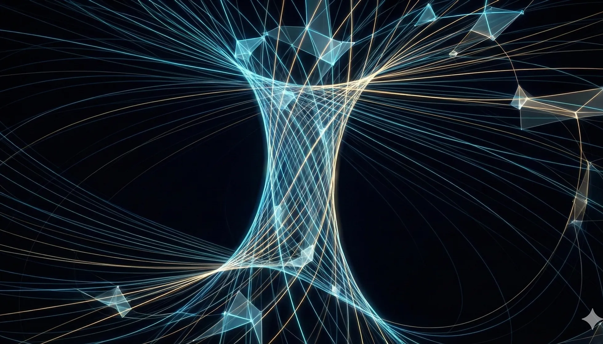 Entrelacement abstrait de lignes lumineuses bleues et dorées sur fond noir.