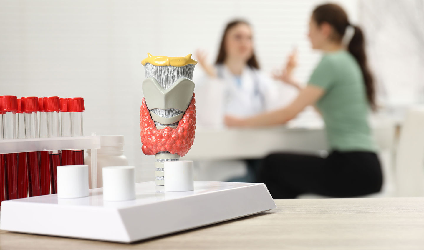 Thyroid anatomy model and blood sample tubes with a doctor and patient in the background
