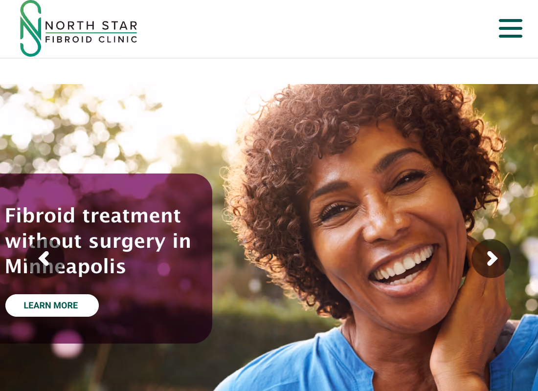 Smiling woman outdoors with text about fibroid treatment without surgery in Minneapolis and a learn more button.