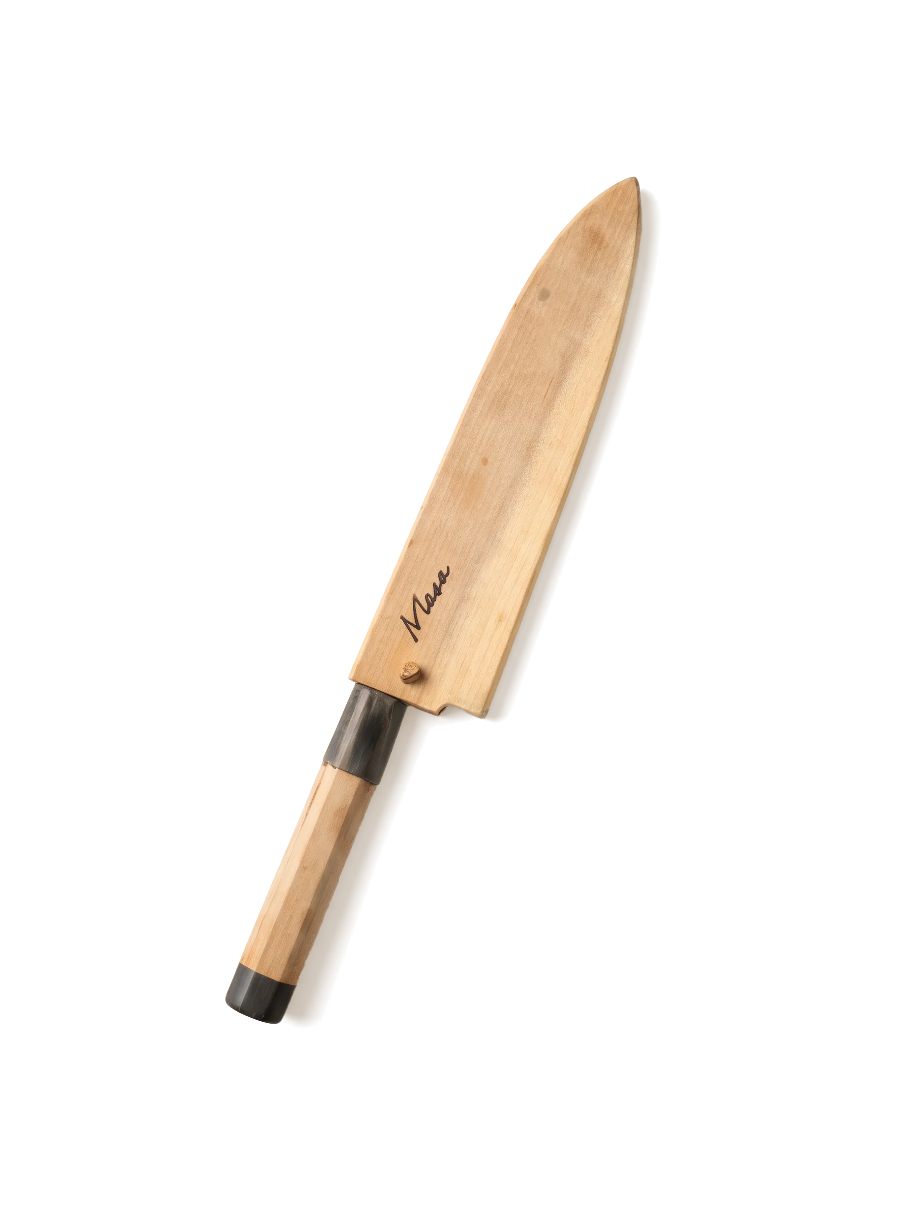 Chef Masa's knife resting in its wooden saya
