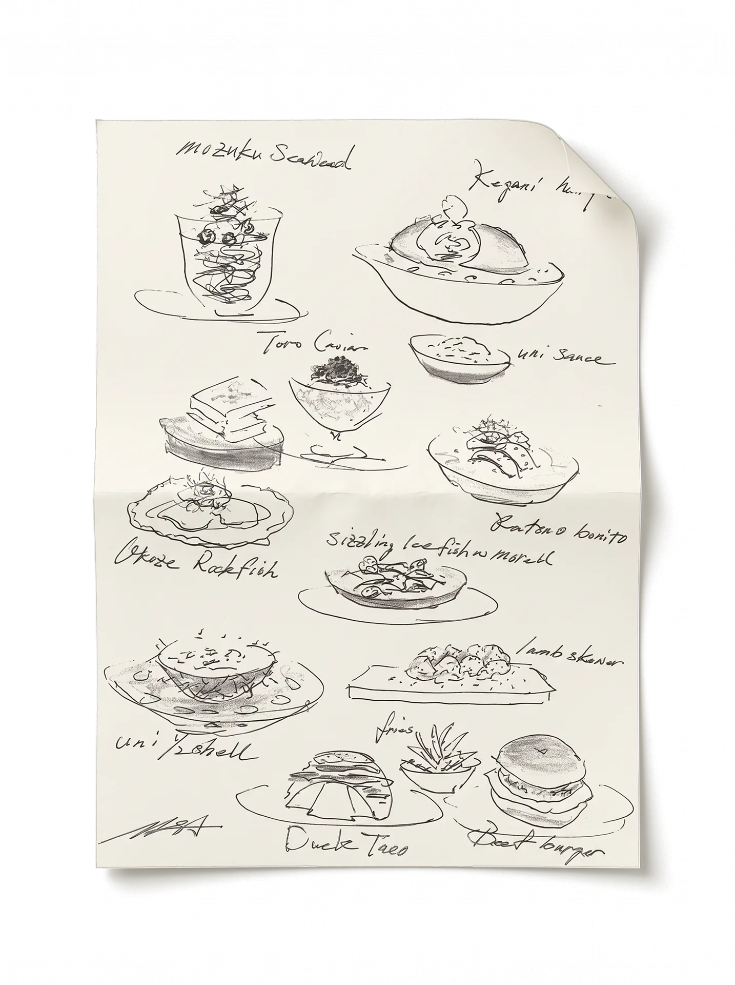 Chef Masa's handwritten menu sketch on parchment