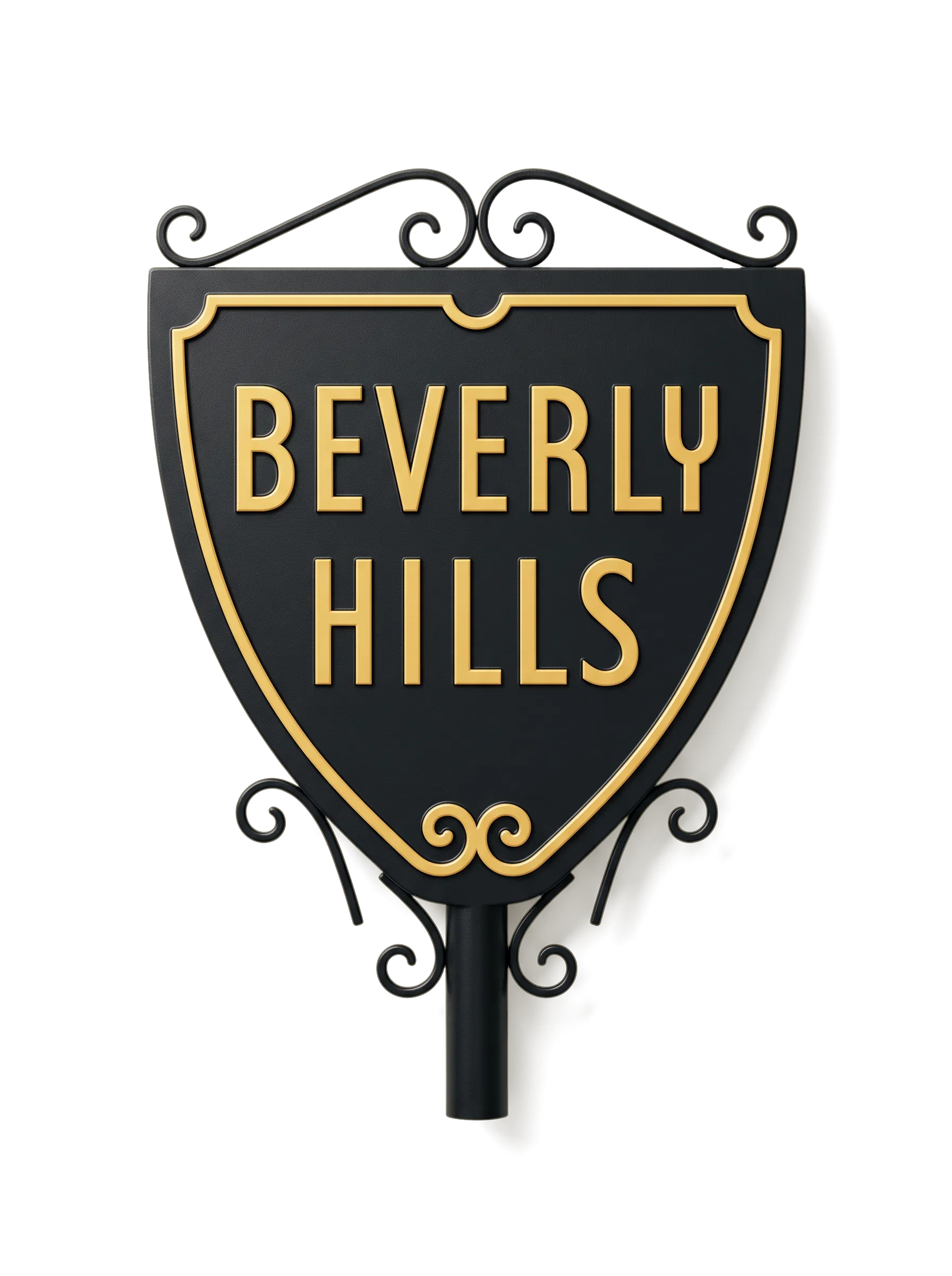 The Beverly Hills municipal shield sign in black and gold