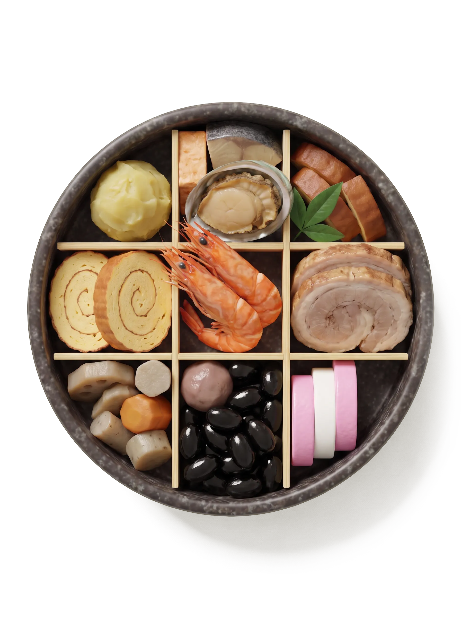 A round Japanese osechi dish with New Year foods in compartments