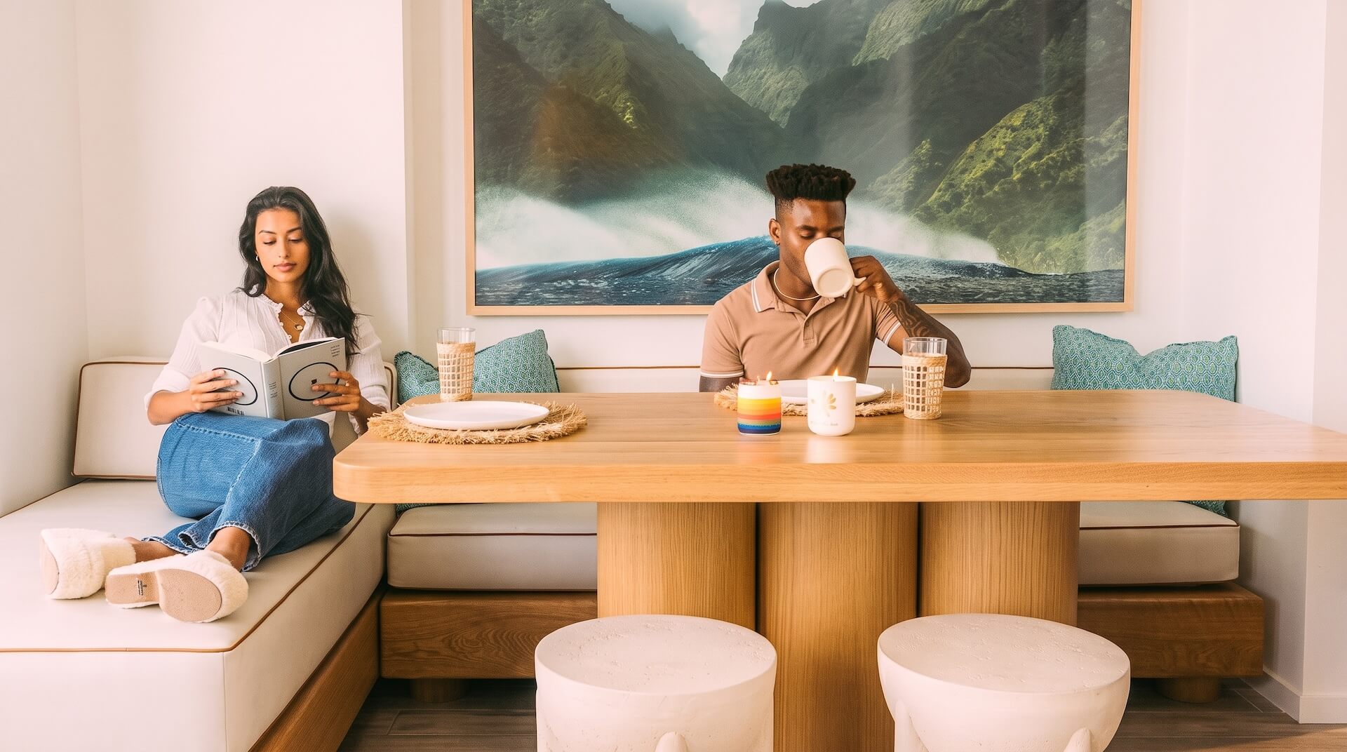 Two people at a dining table under a large mountain landscape artwork