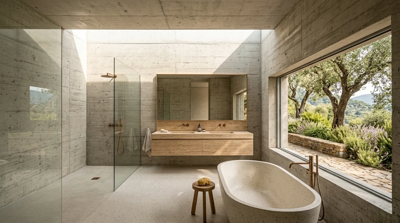 Bathroom in the Terrace House with board-formed concrete walls, a skylight and a terrazzo bathtub.