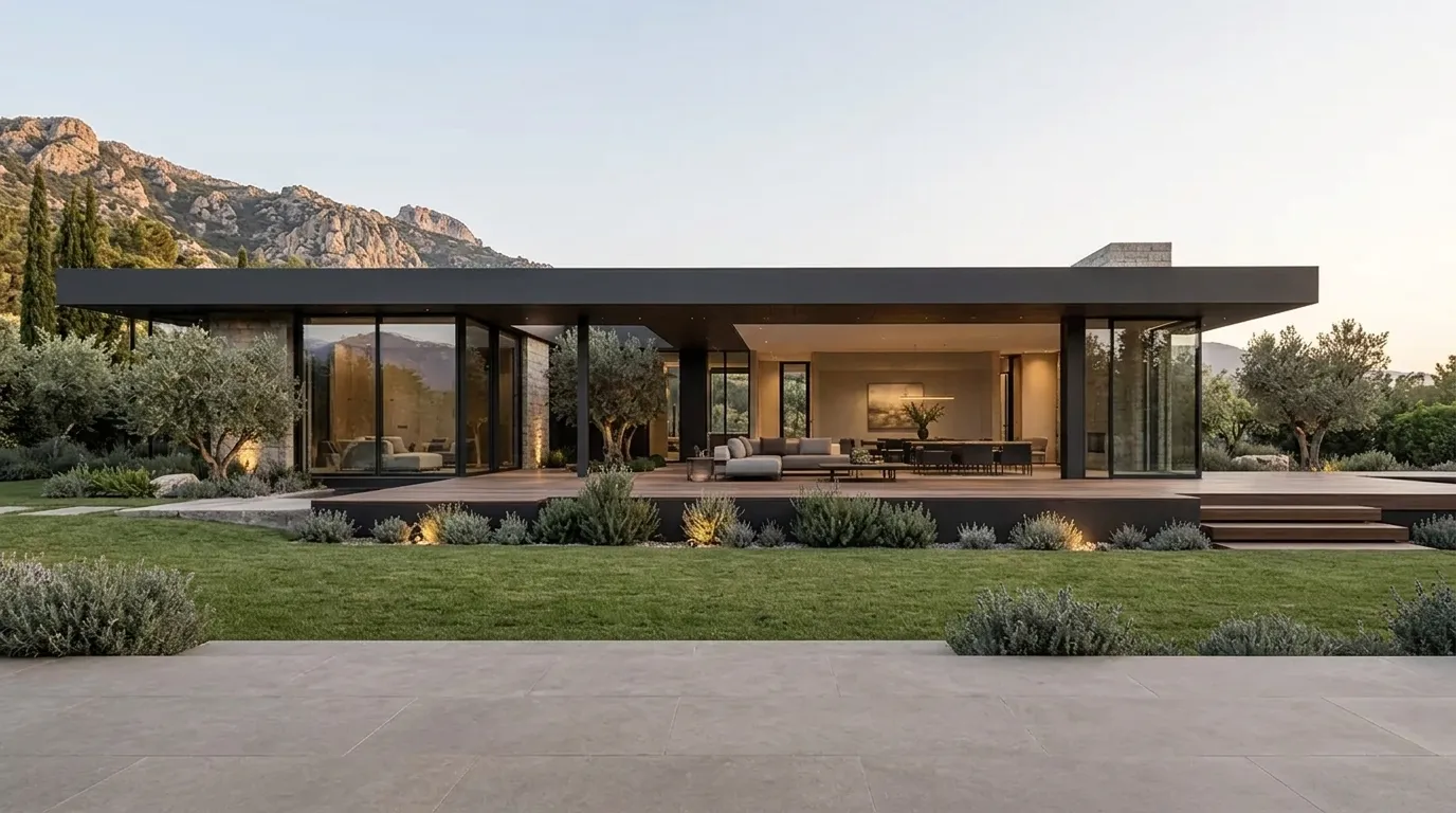 The Pavilion House in Provence at dusk: a wide, flat dark roof over glass walls and limestone blocks, with a timber terrace opening onto a lawn, olive trees and rocky hills behind.