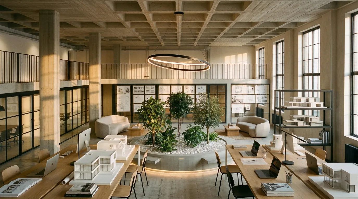 A bright contemporary architecture studio in a converted industrial building, with long oak work tables holding white models of modern houses, laptops and drawings around a planter of trees under a large ring light.