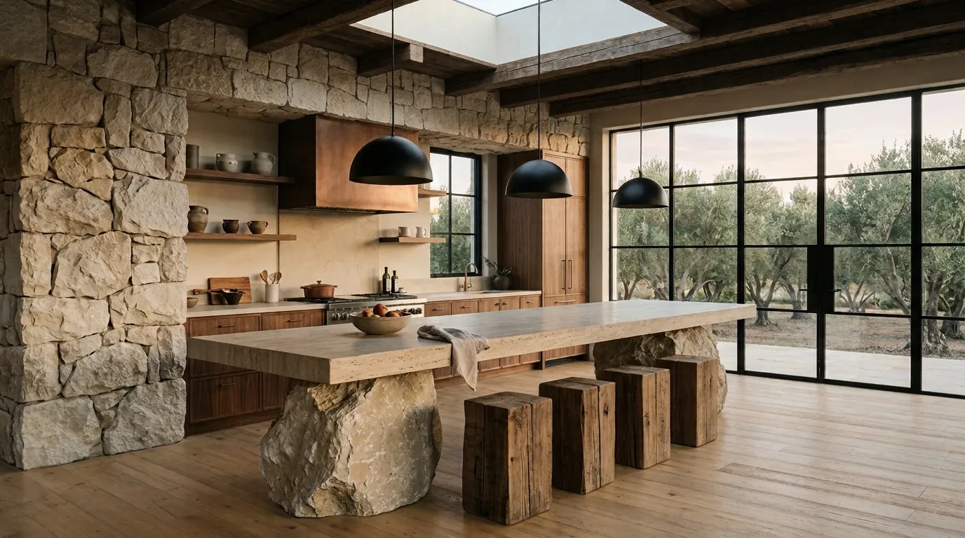 A warm, open kitchen with rough pale limestone walls, a long travertine island resting on two raw stone boulders, timber block stools, black dome pendant lamps and a tall black steel glass wall facing an olive grove.
