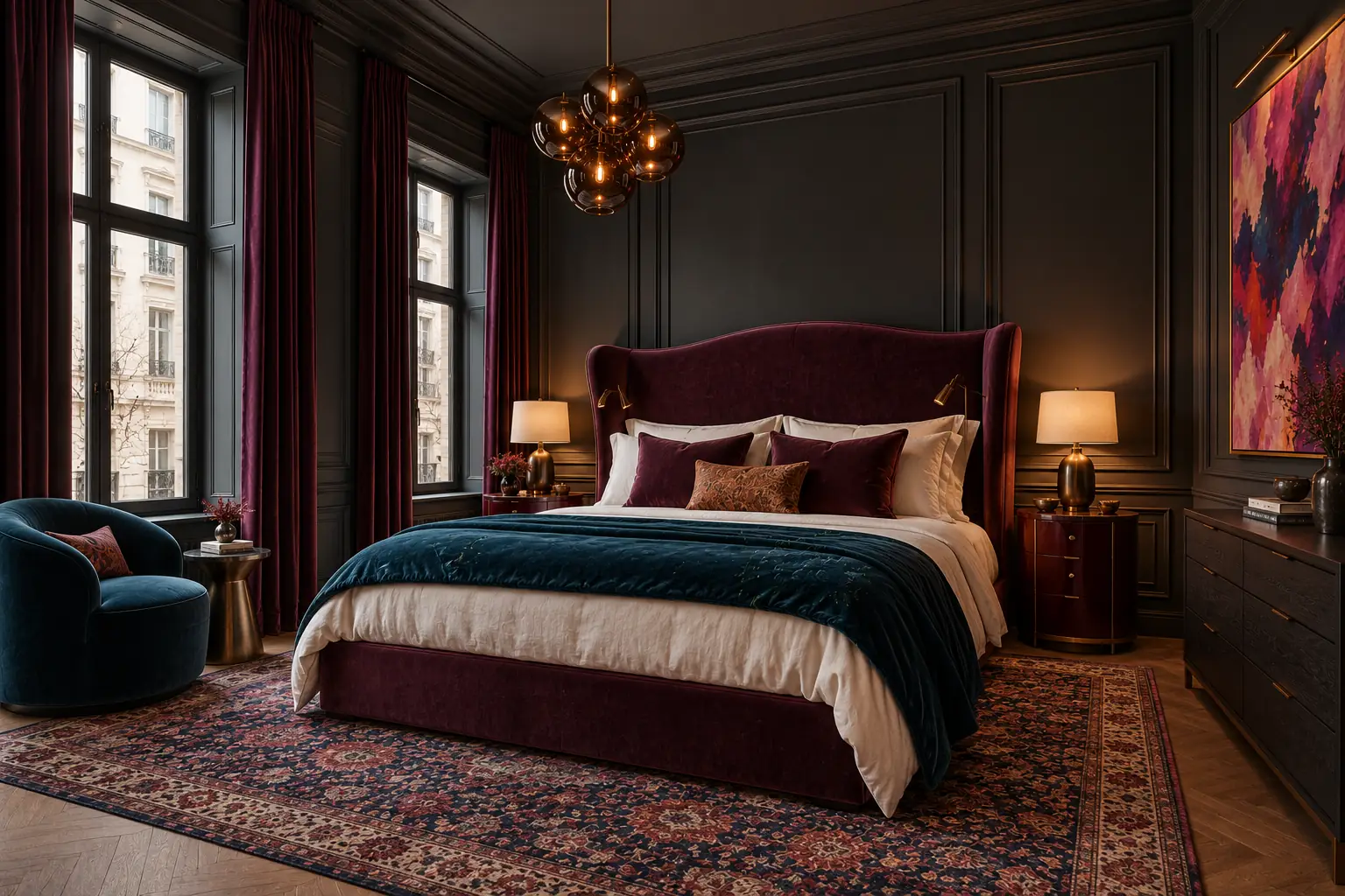 Bedroom with dark panelled walls, a plum velvet bed, deep blue bedding, burgundy curtains and warm brass lighting.