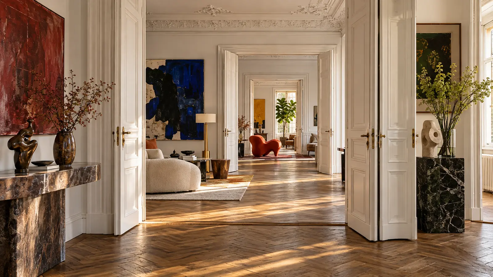 Sunlit Berlin apartment with ornate white ceilings, open double doors, oak herringbone floors and colourful contemporary art and furniture.