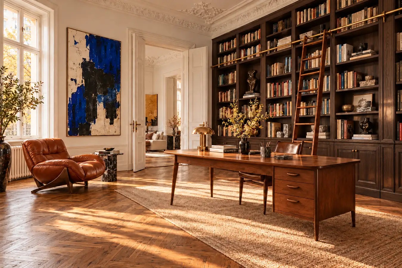 Sunlit study with dark smoked oak bookshelves, a library ladder, vintage walnut desk, cognac leather chair and a large blue abstract painting.