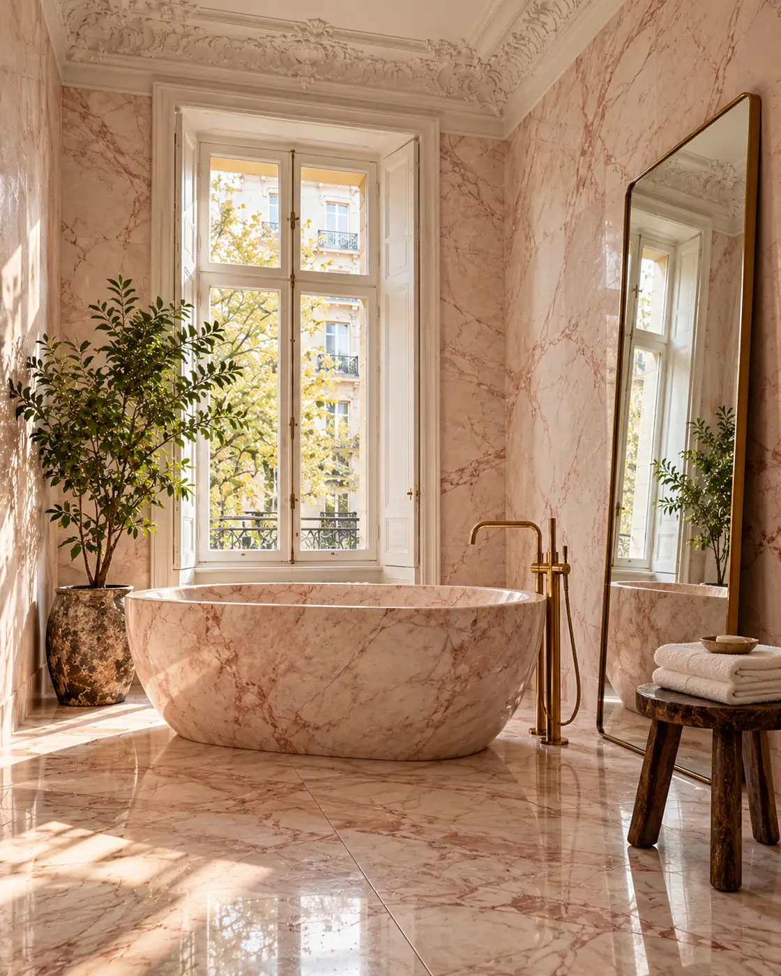 Bathroom with a pale pink marble bathtub, matching walls and floor, brass taps and a leaning mirror beside a tall window.