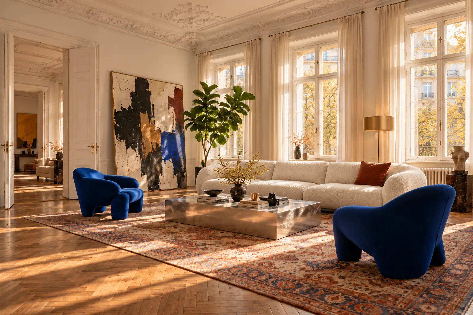 Sunlit living room with a soft white sofa, cobalt blue armchairs, an aluminium coffee table, a faded Persian rug and ornate white stucco ceiling.