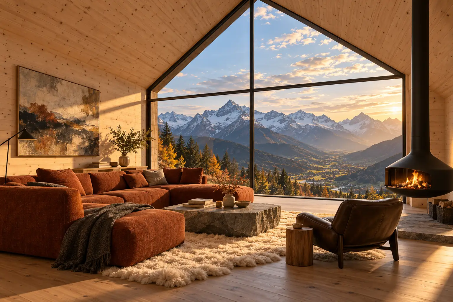 Vaulted timber living room with a rust wool sofa, stone coffee table and suspended fireplace, overlooking alpine peaks through a large gabled window.