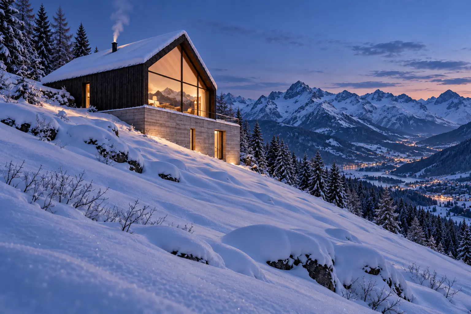 Snow-covered alpine house at dusk, with warmly glowing windows and chimney smoke above a quiet valley framed by snowy peaks and spruce forest.